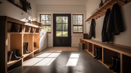A large foyer with storage unit, white oak bench.の素材