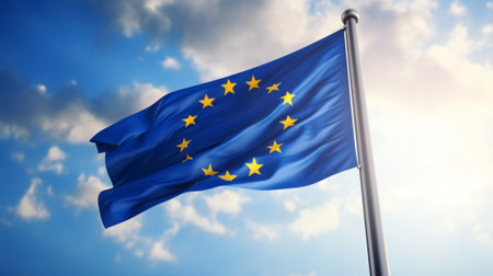 European union flag fluttering against skyの素材