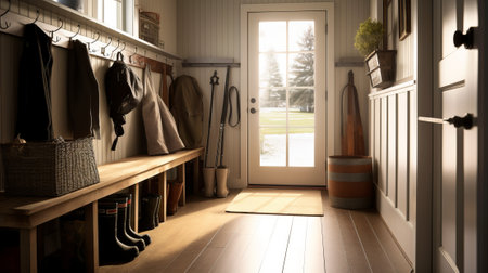 A large foyer with storage unit, white oak bench.の素材