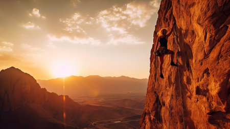Muscular climber in protective gear abseiling from cliff rock wall using rope. Belay device and climbing harness on evening sunset sky background. Active extreme sports time spending concept.の素材