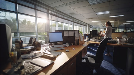 Close-up of real life spaces. Typical office space. Sunny weather, people working in the background.の素材