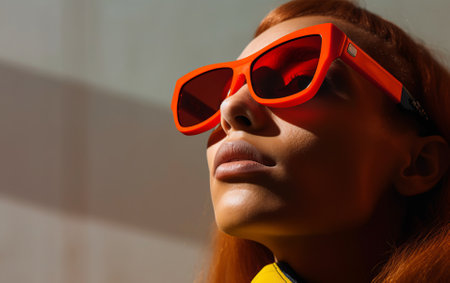 Happy black woman, beauty and fashion sunglasses, retro and cool vintage look.の素材
