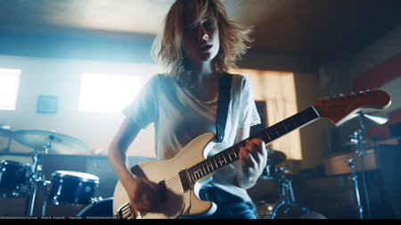 A young woman playing electric guitar.の素材