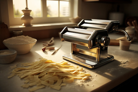 Female preparing homemade tagliatelle with machine,selective focusの素材