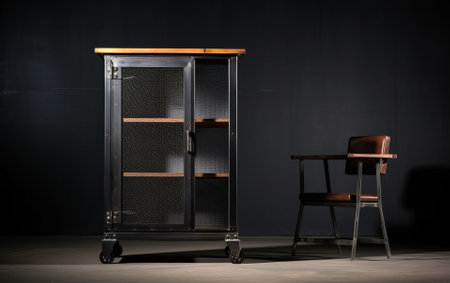 Designer Furniture Idea, Inspiration - Stainless Steel Industrial Styled Cabinet and brown leather seat.の素材
