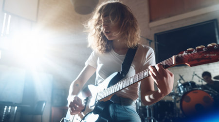 A young woman playing electric guitar.の素材