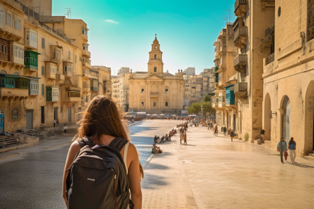 Young female tourist backpacker traveling around the world. Travel Destination - St. Julians, Maltaの素材