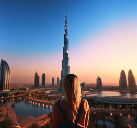 Young female tourist backpacker traveling around the world. Travel Destination - Dubai, United Arab Emirates (UAE)の素材