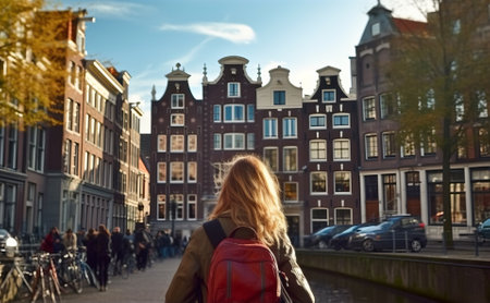 Young female tourist backpacker traveling around the world. Travel Destination - Amsterdamの素材