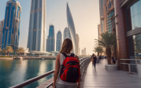 Young female tourist backpacker traveling around the world. Travel Destination - Dubai, United Arab Emirates (UAE)の素材