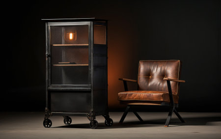 Designer Furniture Idea, Inspiration - Stainless Steel Industrial Styled Cabinet and brown leather seat.の素材
