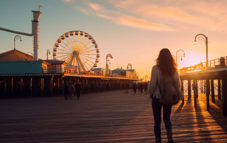 Young female tourist backpacker traveling around the world. Travel Destination - Santa Monica, Los Angeles, California, USA.の素材