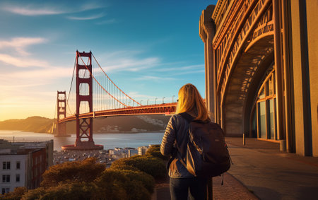 Young female tourist backpacker traveling around the world. Travel Destination - San Francisco, California, USAの素材