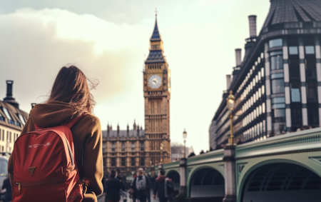 Young female tourist backpacker traveling around the world. Travel Destination - London, Great Britainの素材