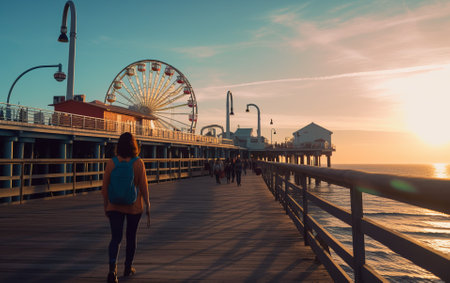 Young female tourist backpacker traveling around the world. Travel Destination - Santa Monica, Los Angeles, California, USA.の素材
