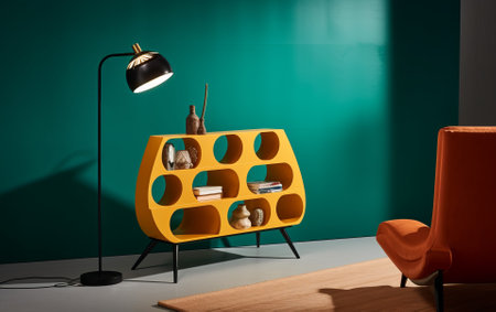Designer Furniture Idea - Bookstand and chair composition. Rack yellow and green.の素材