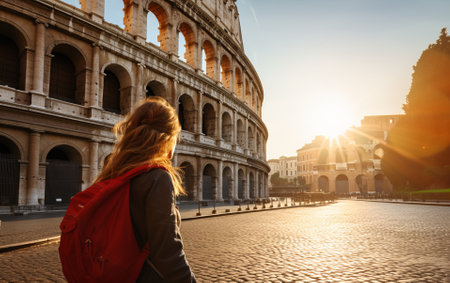 Young female tourist backpacker traveling around the world. Travel Destination - Rome, Italyの素材