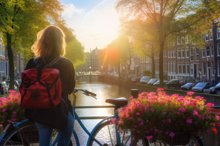 Young female tourist backpacker traveling around the world. Travel Destination - Amsterdamの素材