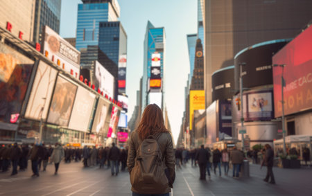 Young female tourist backpacker traveling around the world. Travel Destination - New York, USAの素材