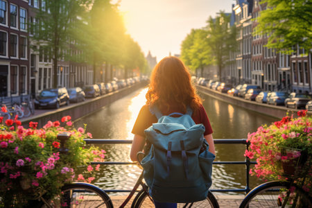 Young female tourist backpacker traveling around the world. Travel Destination - Amsterdamの素材
