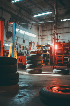 Tire workshop. A photograph in a car workshop. NOT, winter or season wheel change. Puncture. Rims. Alignment. Real Life workspace.の素材