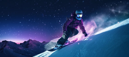 Night snowboarding. Extreme winter sports in high Austrian mountains. Purple blue and white color palette. Ad blog or social media post.の素材