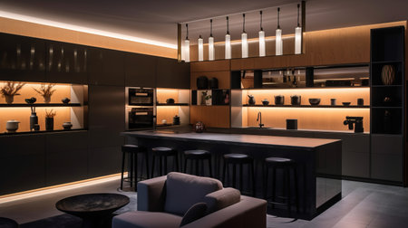 Luxury apartment with a premium contemporary kitchen loft style in dark colors. Interior design kitchen, designer lights and accessories.の素材