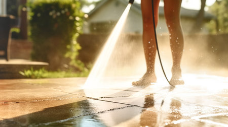 Barefoot Woman Maintaining Home Surroundings, Frontyard. Pressure Washingの素材