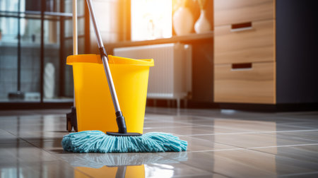 Natural cleaning products. Eco-friendly cleaning. A baket and a mop.の素材