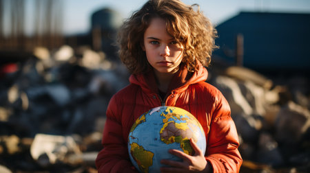 Child holding Earth with junk in the background, environmental concept photo.の素材