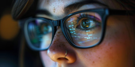 Close-up portrait showing the face of a young woman wearing glasses with a reflection of a computer screen.の素材