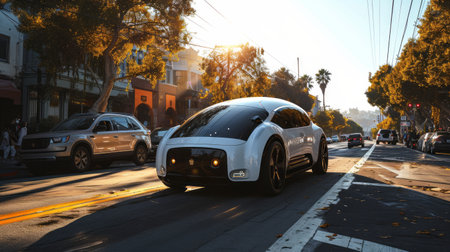 Driverless Robo-Taxi Paused in Traffic: A Glimpse into the Future of Autonomous Transportationの素材