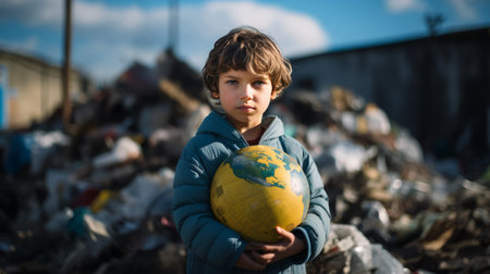 Child holding Earth with junk in the background, environmental concept photo.の素材