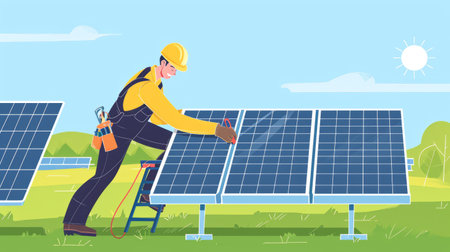 A worker installing solar panelsの素材