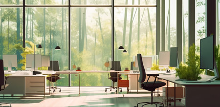 Workspace: Panoramic window with great view on forest. Remote work and escaping to nature conceptの素材
