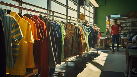 Seasonal Clothing on hanger at the modern shop, mass market. Make Outfit set. Shopping Mall. Shopper. Sales. Shopping Center, space for text.の素材