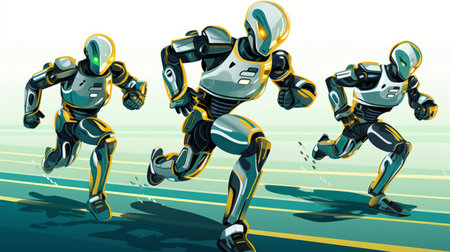 The robots are running. Different models of artificial intelligent humanoid running marathon speed sport. Vector Illustration. Ai Race concept.の素材