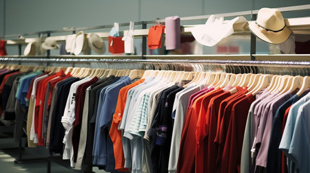 Seasonal Clothing on hanger at the modern shop, mass market. Make Outfit set. Shopping Mall. Shopper. Sales. Shopping Center, space for text.の素材