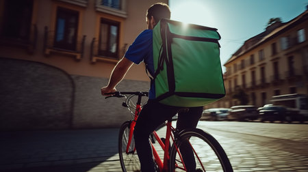 Delivery guy on the city streets. Online food ordering and delivery. Uber eats.の素材