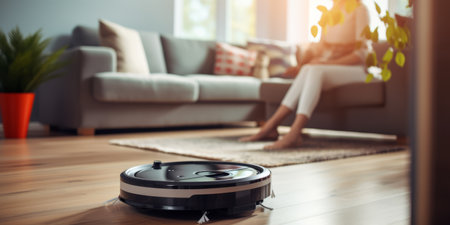 robot vacuum cleaner in modern smart home, robotic vacuum cleaner on wooden floor, Robot vacuum cleaner cleaning dust on tile floors. Modern smart cleaning technology housekeeping.の素材