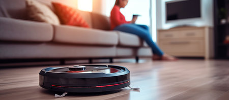 robot vacuum cleaner in modern smart home, robotic vacuum cleaner on wooden floor, Robot vacuum cleaner cleaning dust on tile floors. Modern smart cleaning technology housekeeping.の素材