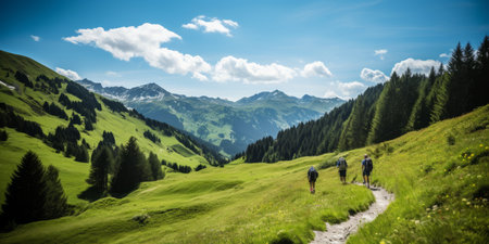 Sporty man on the mountain peak looking on mountain in Europe.の素材