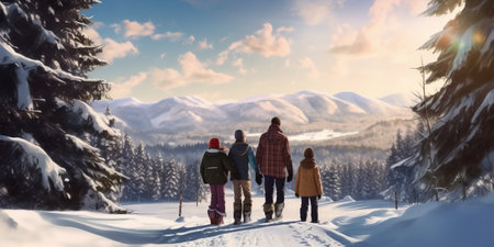 Winter family vacantion. Christmas celebration and winter holidays. Winter fun and outdoor activities with kidsの素材