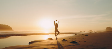 fitness, sport, yoga and healthy lifestyle concept - excercising on the beachの素材