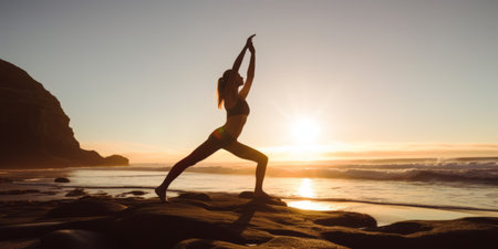 fitness, sport, yoga and healthy lifestyle concept - excercising on the beachの素材