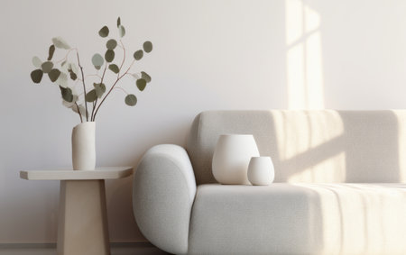 Living room interior with sofa, coffee table and vase with eucalyptus. 3d renderの素材
