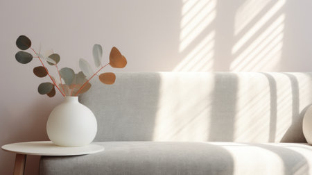 Eucalyptus leaves in vase on sofa in living roomの素材