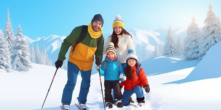 Happy family with kids skiing in winter against snowy landscape with fir treesの素材
