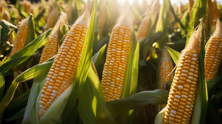 Corn cobs in corn plantation field.の素材