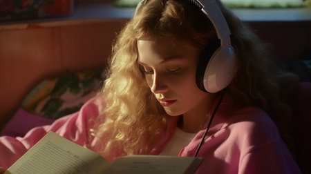 Young girl sitting and reading a book while listening to music.の素材